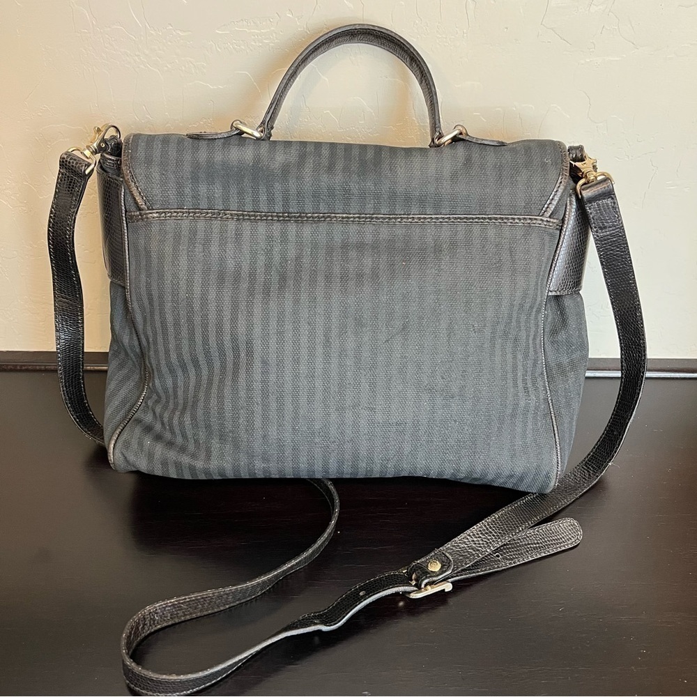 FENDI Vintage leather and coated canvas bag, striped, black 14”x10”, authentic - Picture 5 of 17